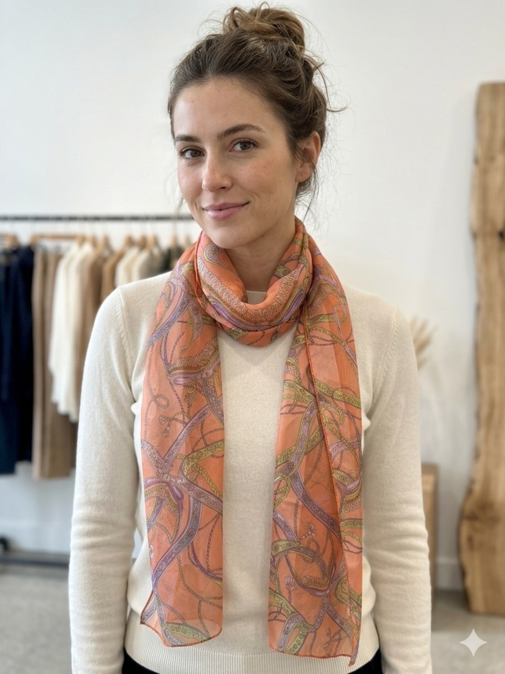 Vintage Equestrian Belt & Tassel Print Sheer Mesh Scarf Orange Coral